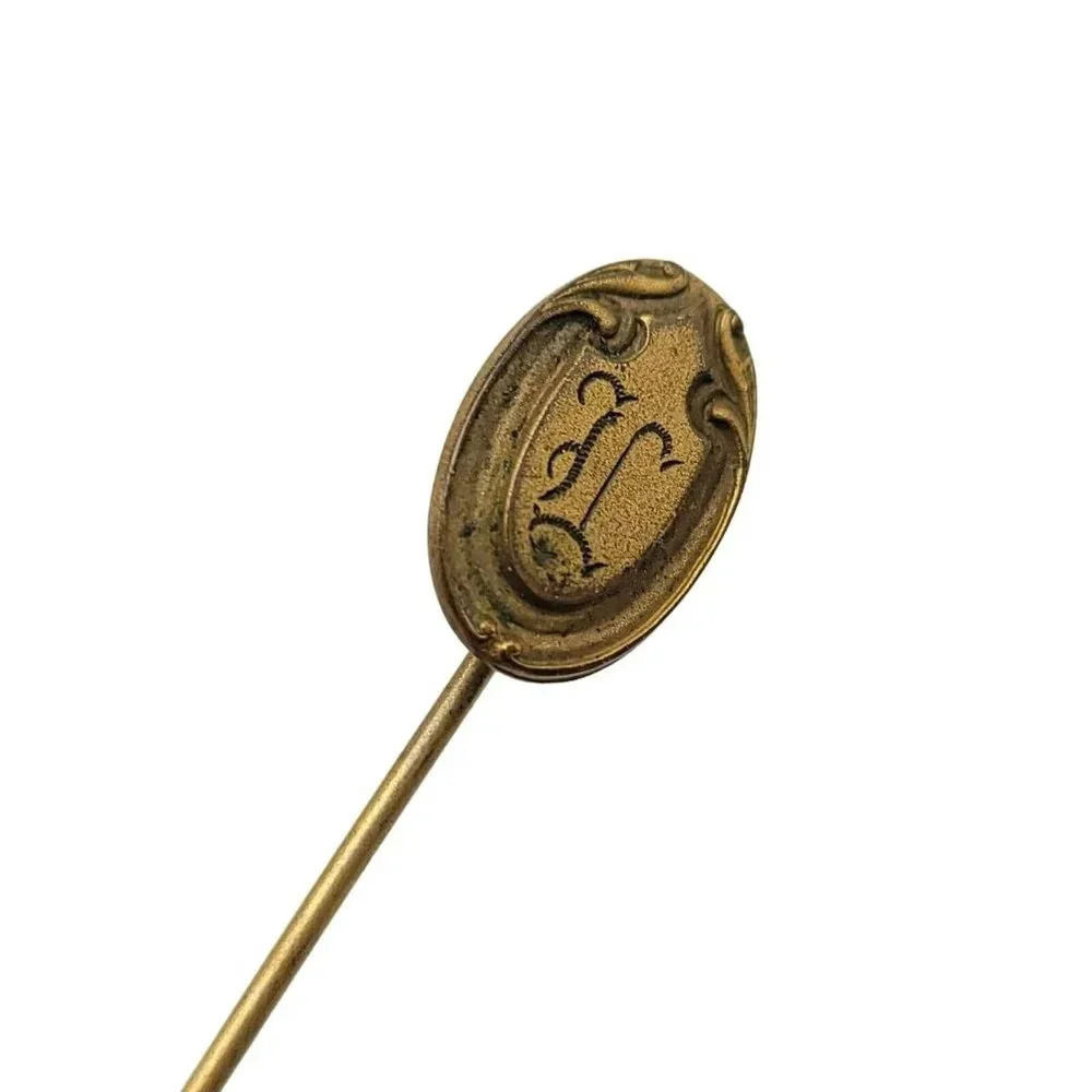 Engraved Initial U Oval Embellished Gold Tone Stick Pin Vintage 3" Art Nouveau